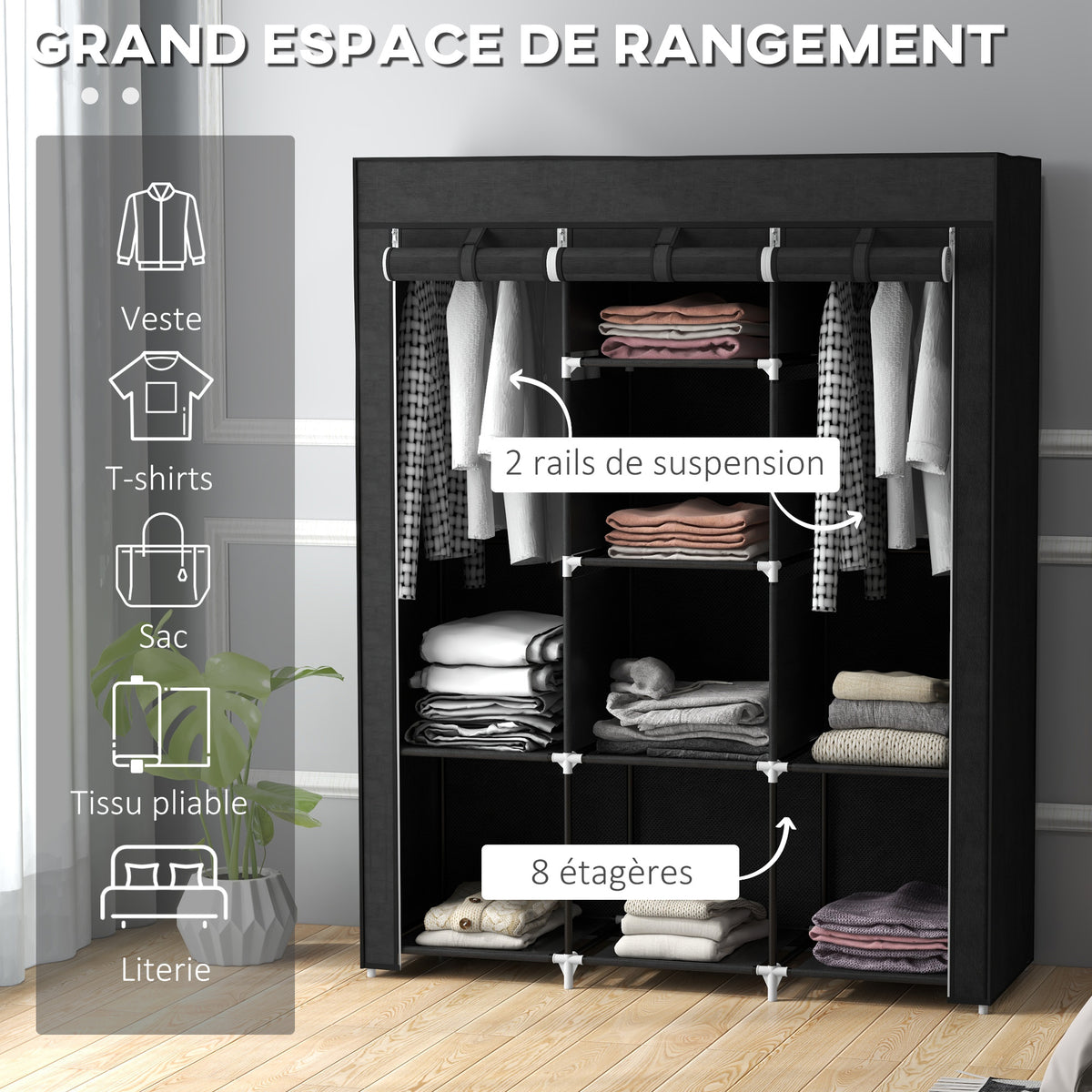 Armoire penderie multi-rangement - 8 étagères, 2 barres - non tissé noir-3