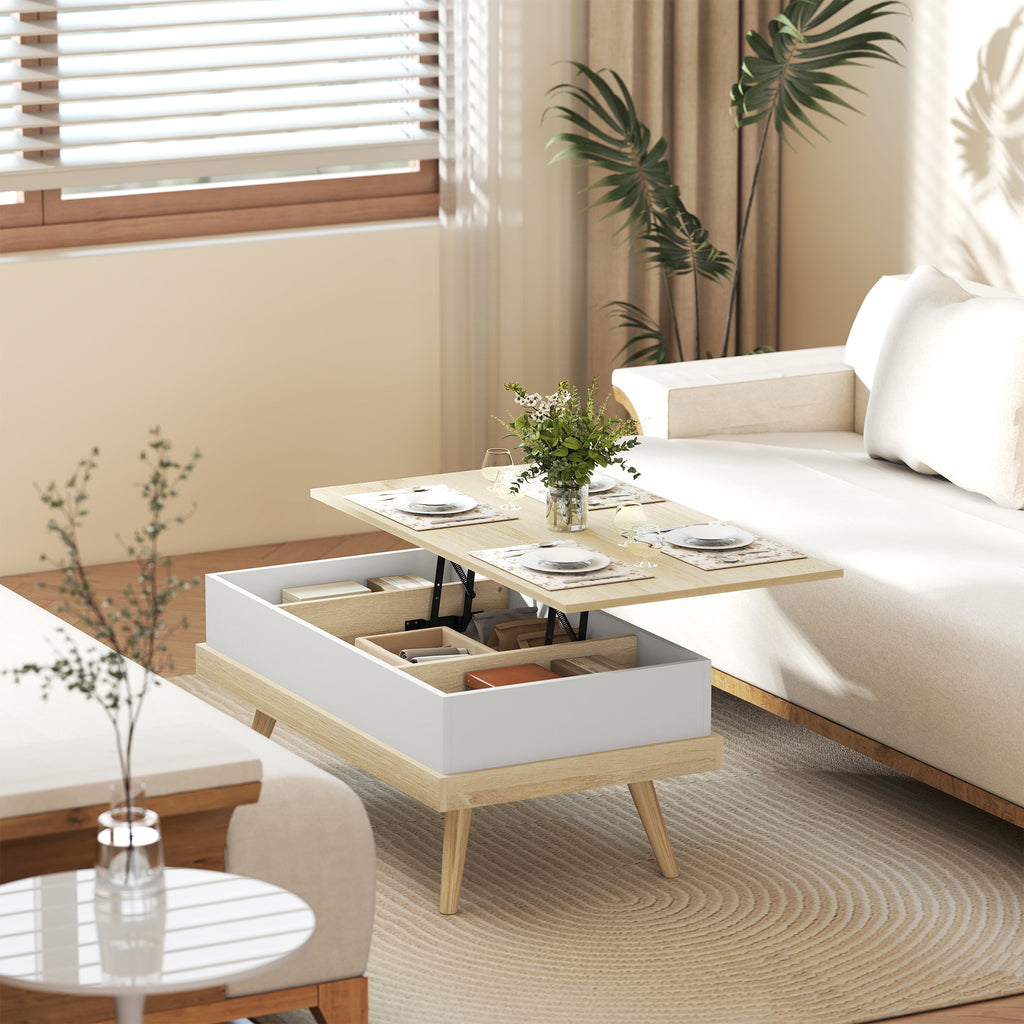 Table Basse Relevable avec 3 Compartiments Cachés, Table de Salon Moderne, Pieds en Bois, 100x79x54cm, Naturel Blanc-6
