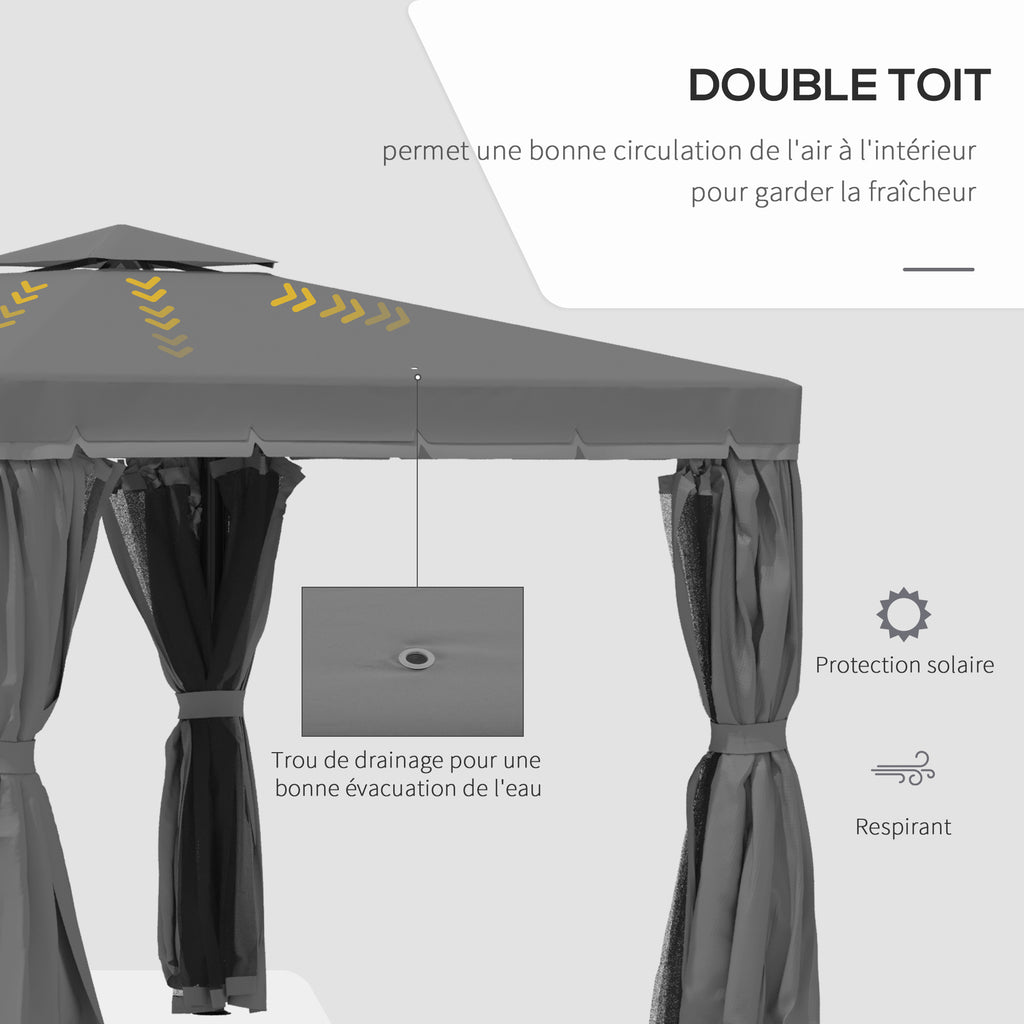 Tonnelle de jardin extérieur 3 x 3 m, barnum avec toit double, rideaux et moustiquaire, cadre en aluminium, gris foncé-3