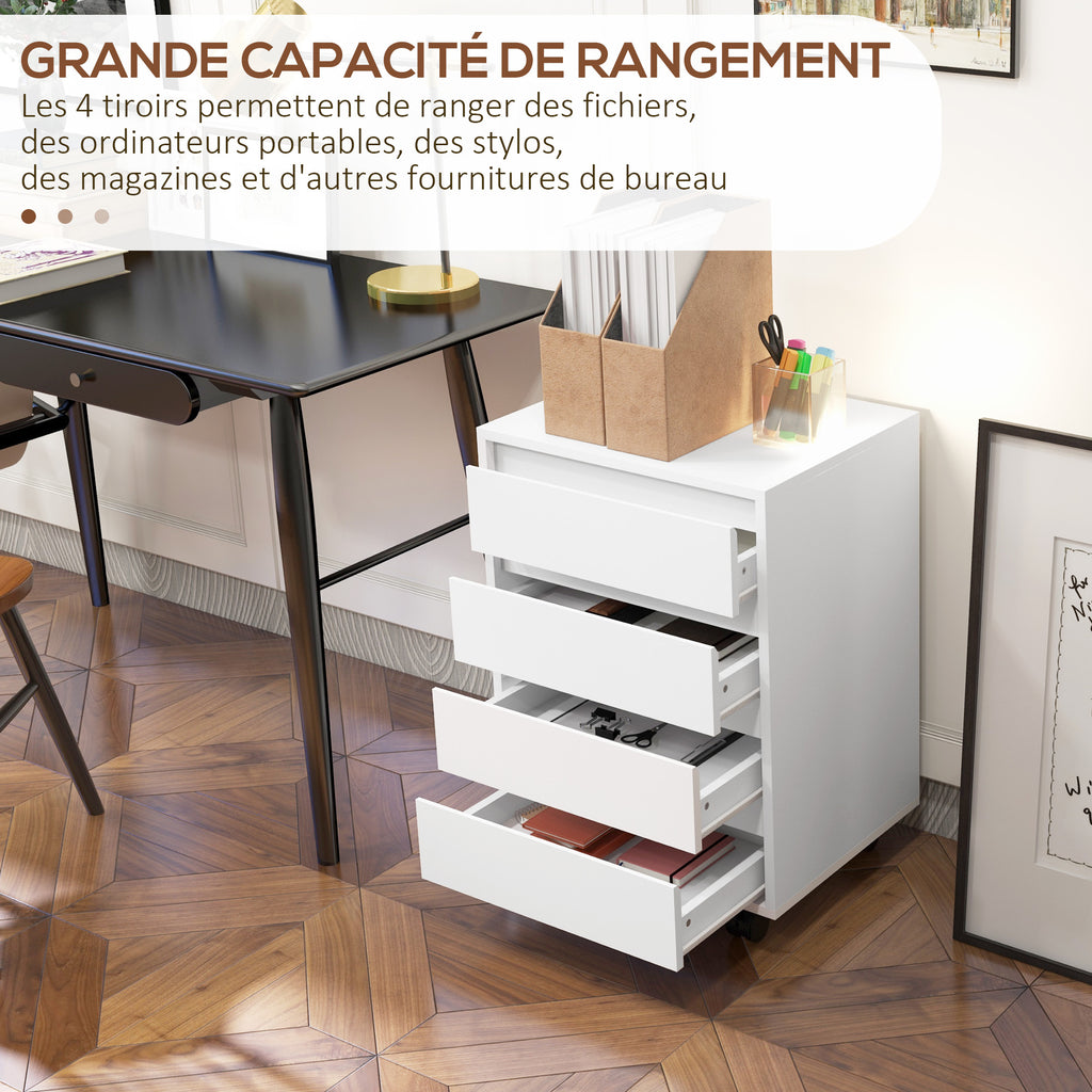 Caisson de bureau rangement bureau sur roulettes 4 tiroirs coulissants en bois aspect bois blanc-3