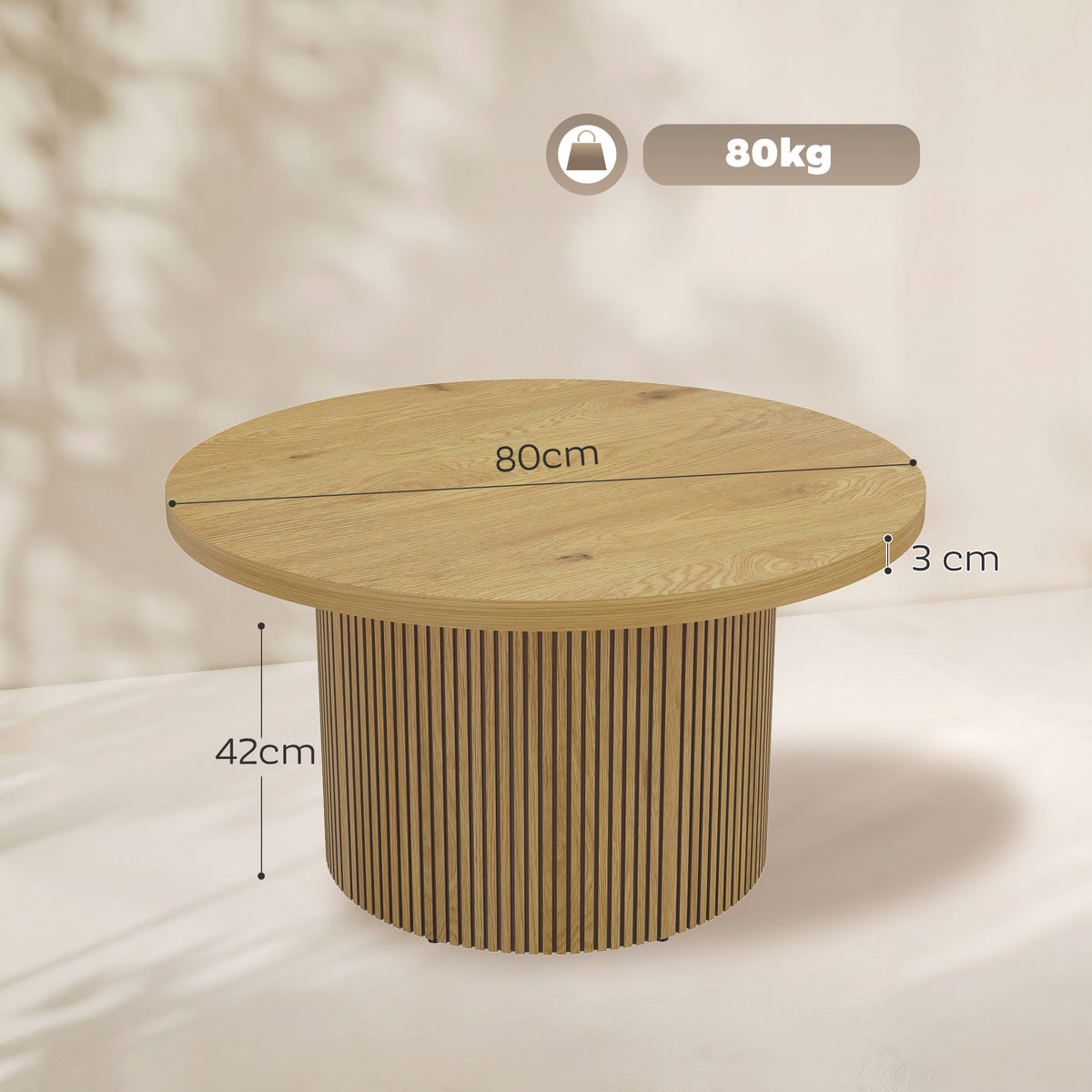 Table basse ronde en bois, table de salon avec piètement cannelé, style moderne, effet bois naturel-2