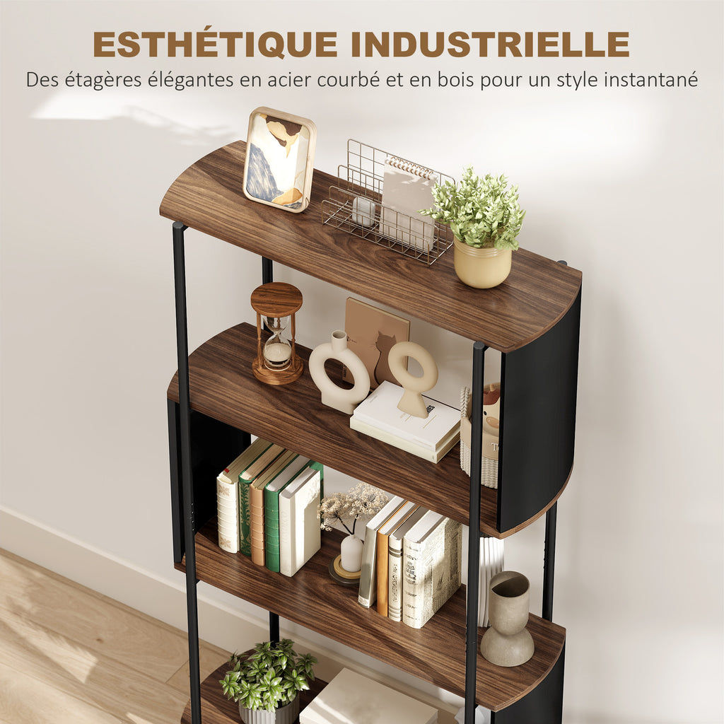 Étagère de rangement, bibliothèque à 4 niveaux avec panneaux latéraux incurvés, cadre en acier, 80x30x141cm, marron-4