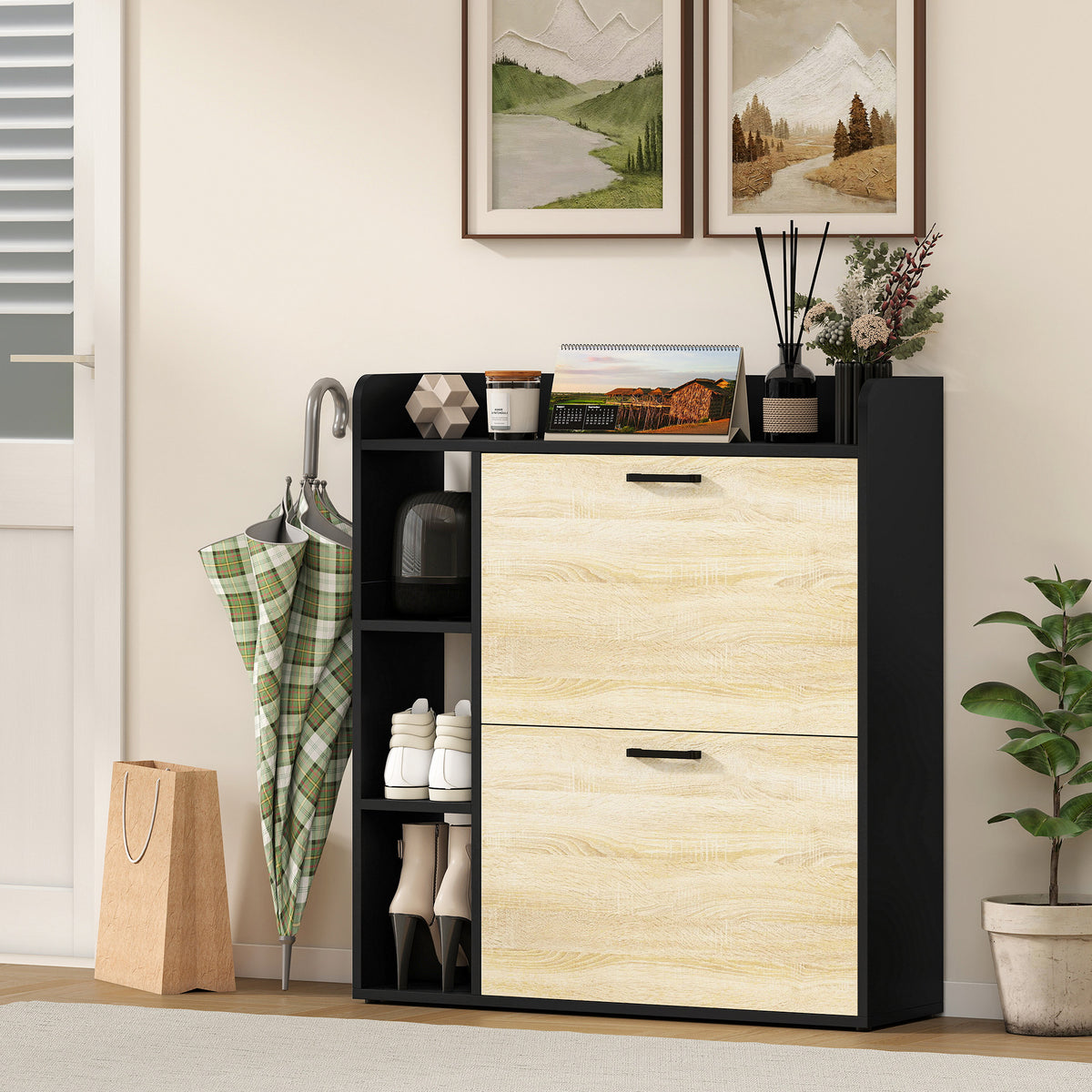 Meuble à chaussures 15 paires, armoire à chaussures moderne avec 2 tiroirs rabattables, 83x24x90,5cm, noir-7