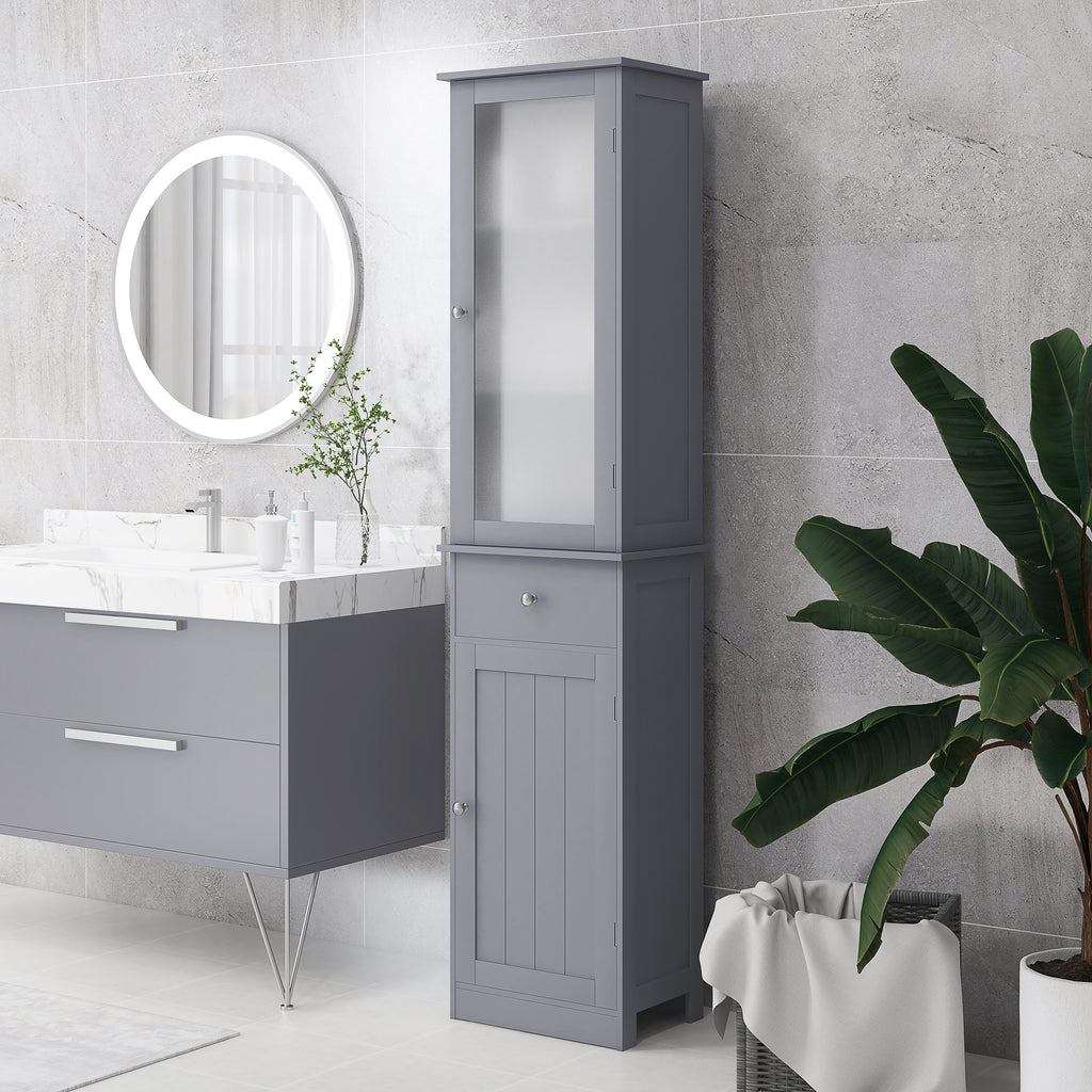 Meuble Colonne de Salle de Bain Placard Porte Acrylique 2 étagères Placard Porte 1 étagère tiroir MDF Gris-9