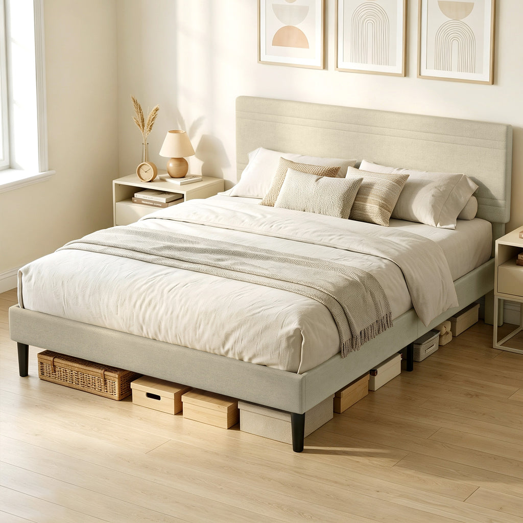Cadre de Lit 160 x 200 cm avec Sommier en Bois, Rembourré en Effet Lin, Cadre en Acier, 9 Pieds Robustes, Beige-8