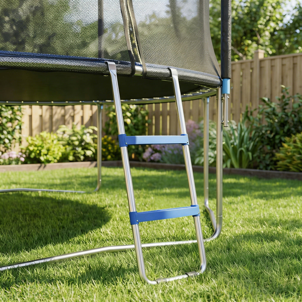 Échelle de Trampoline 2 Marches Larges avec Crochet Universel, Cadre en Acier Galvanisé, Charge 150 kg, 97x32x7 cm, Bleu-9