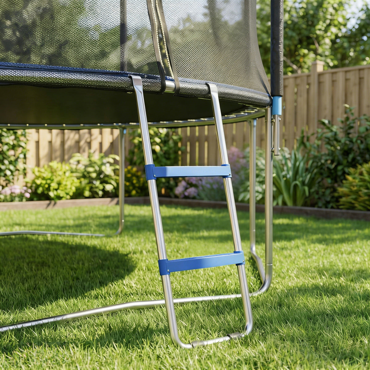 Échelle de Trampoline 2 Marches Larges avec Crochet Universel, Cadre en Acier Galvanisé, Charge 150 kg, 97x32x7 cm, Bleu-9