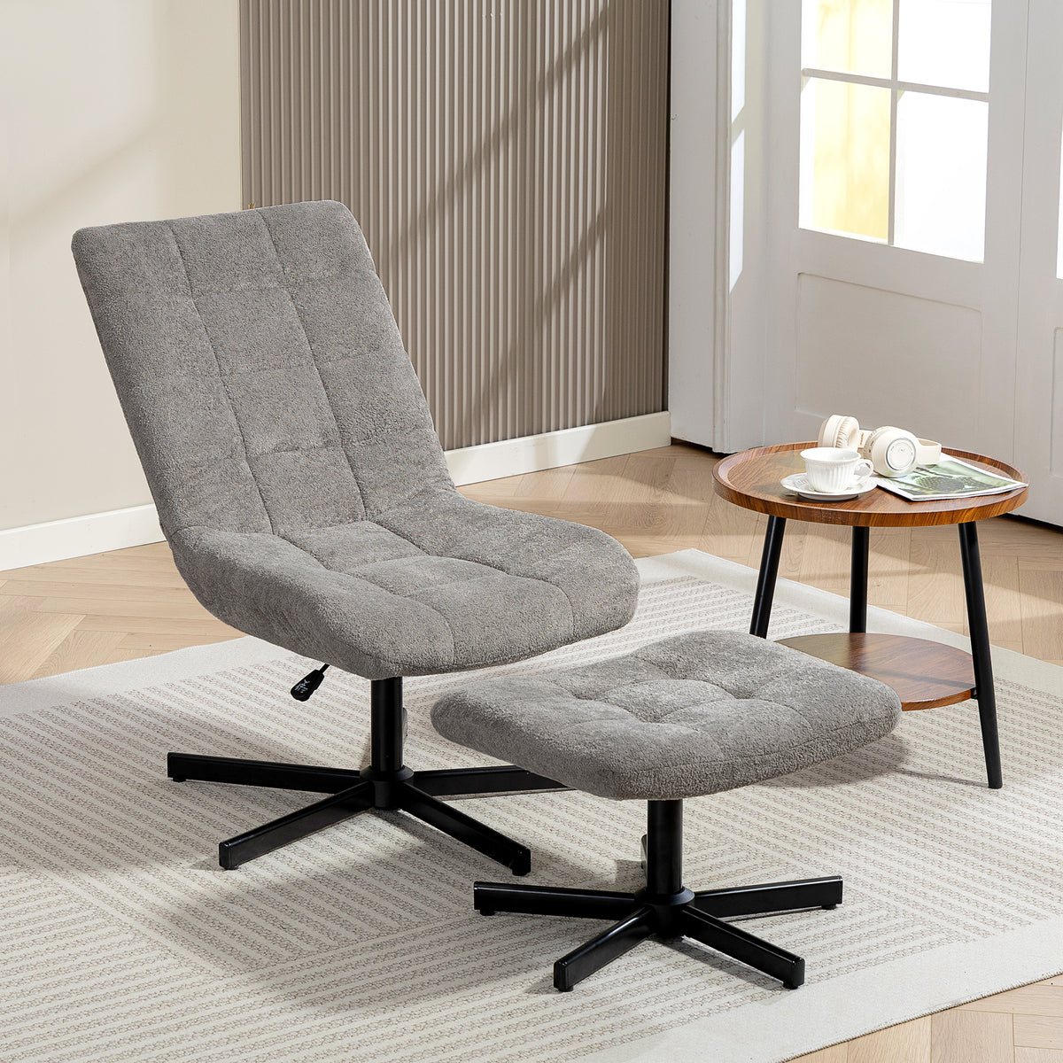Fauteuil salon avec repose-pieds, chaise pivotante, hauteur réglable, dossier inclinable, 66 x 80 x 93-104 cm, gris-9