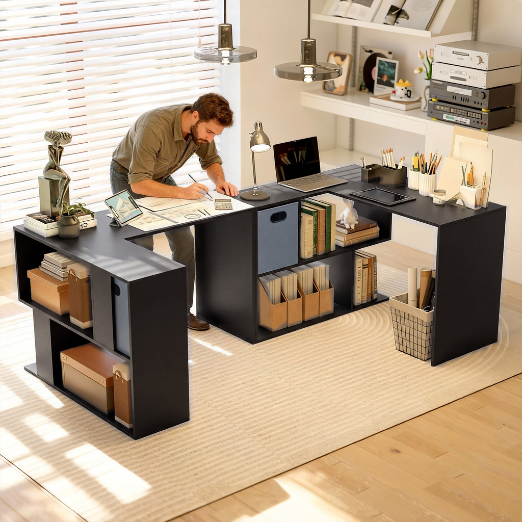 Bureau d'angle, bureau d'ordinateur avec tiroir en tissu et compartiments ouverts, 110 x 100 x 75 cm, noir-6