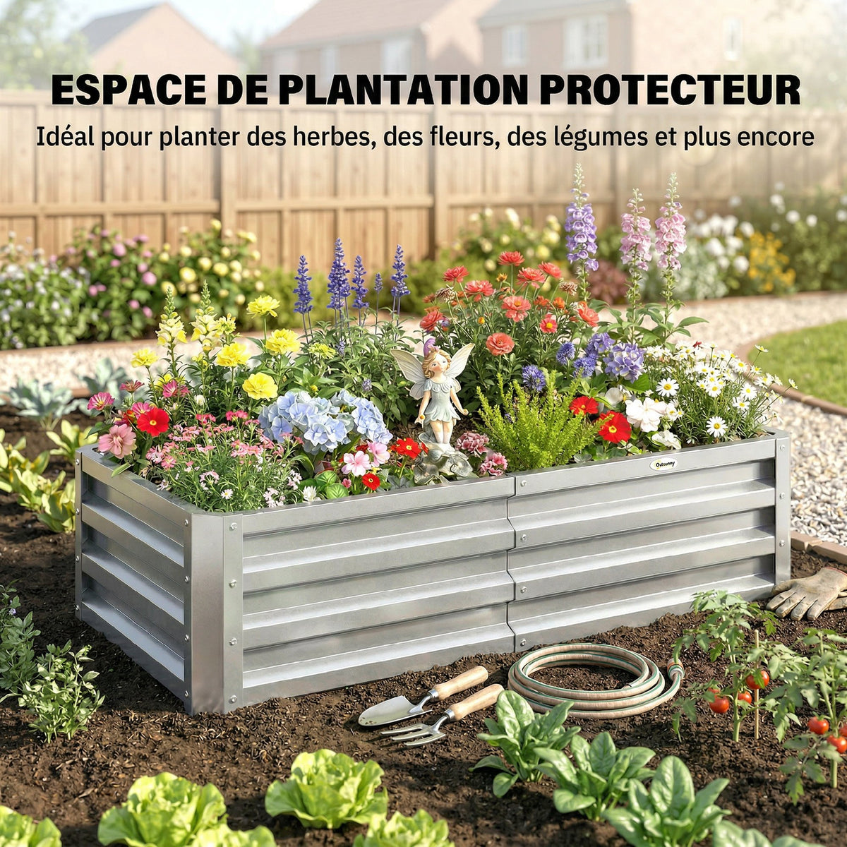 Carré potager de jardin rectangulaire tôle d'acier ondulée 120 x 60 x 30,5 cm argent-5
