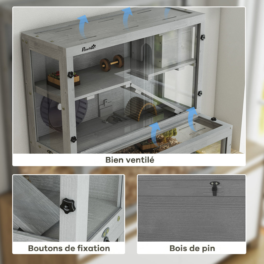 Gabbia per criceti in legno a 3 livelli con casetta e ruota, 80 × 50 × 84 cm, grigia-4