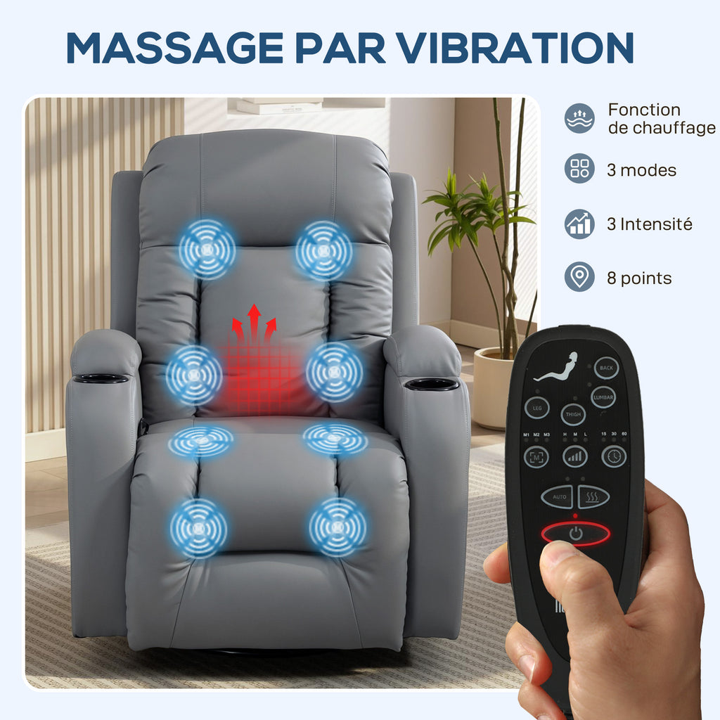 Fauteuil Inclinable de Massage et Chauffage, Fauteuil de Relaxation, Dossier Réglable, Pivotant, 82x99x103cm, Gris Clair-3