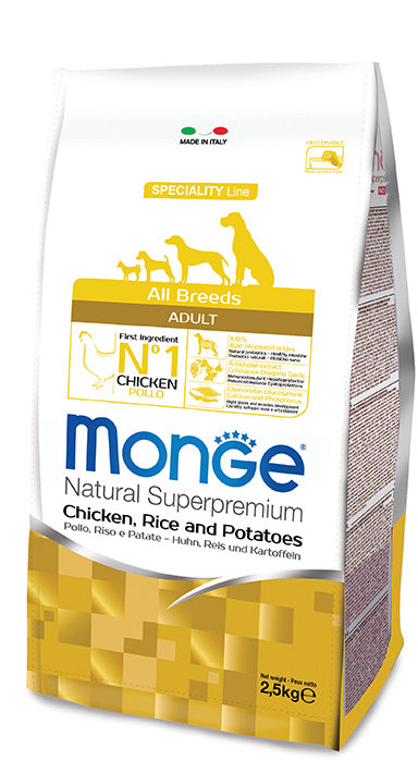 MONGE SPECIALITY LINE ADULT ALL BREEDS POLLO RISO & PATATE 2,5 KG.