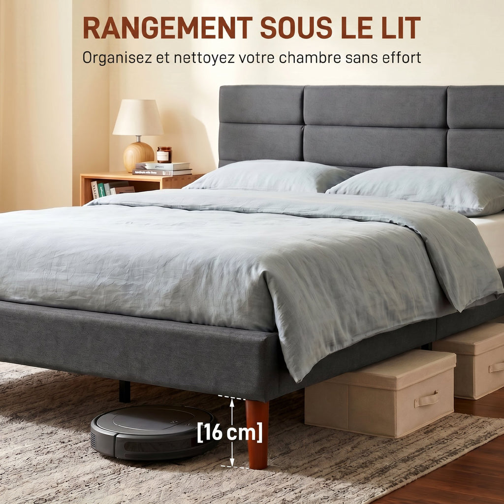 Cadre de Lit 140 x 200 cm avec Sommier Bois, Lit Double Rembourré en Effet Lin, Rangement au-dessous, Sans Bruit, Gris-5