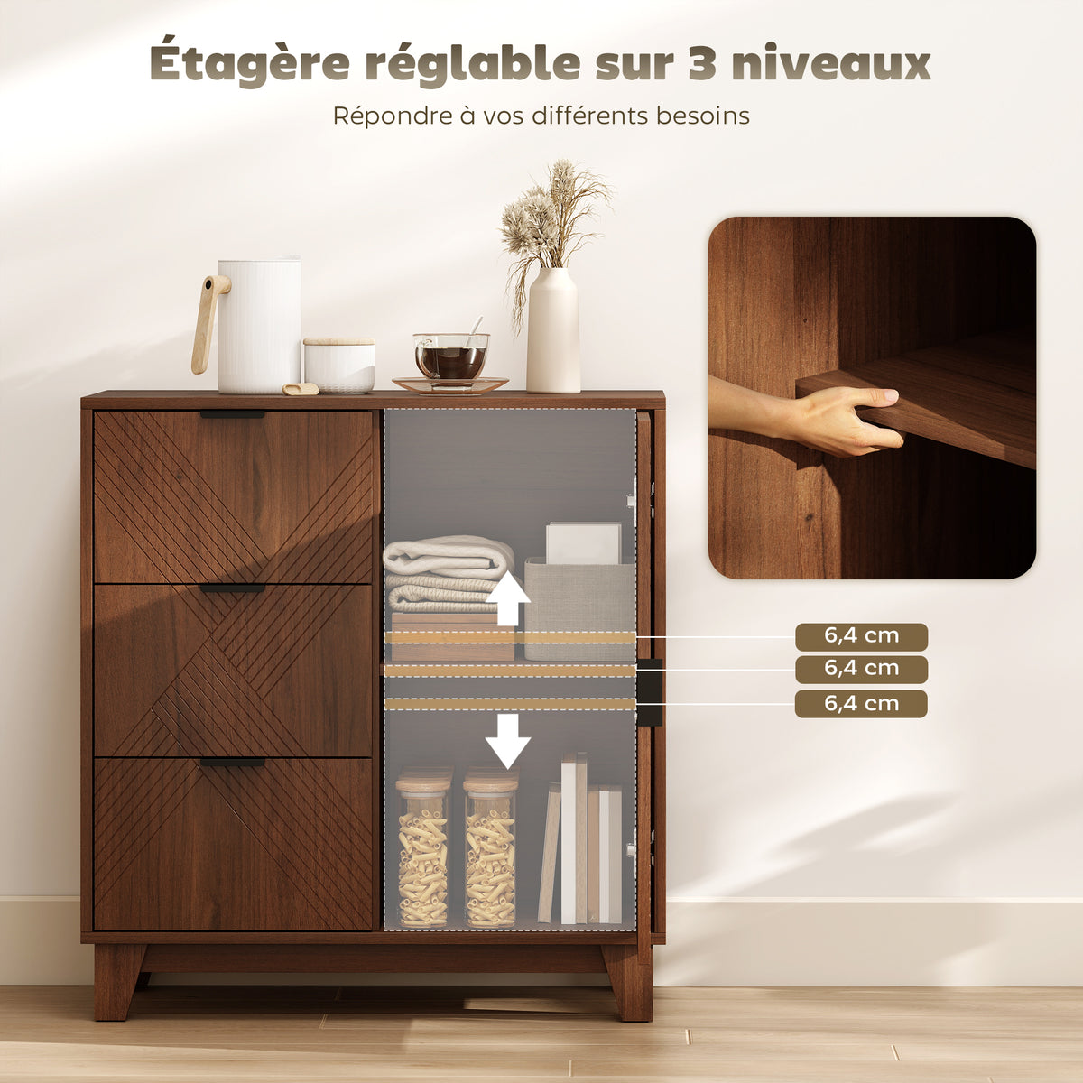 Buffet salon meuble de rangement avec placard à porte 3 tiroirs et étagère réglable 75 x 39 x 80 cm, effet bois marron-4