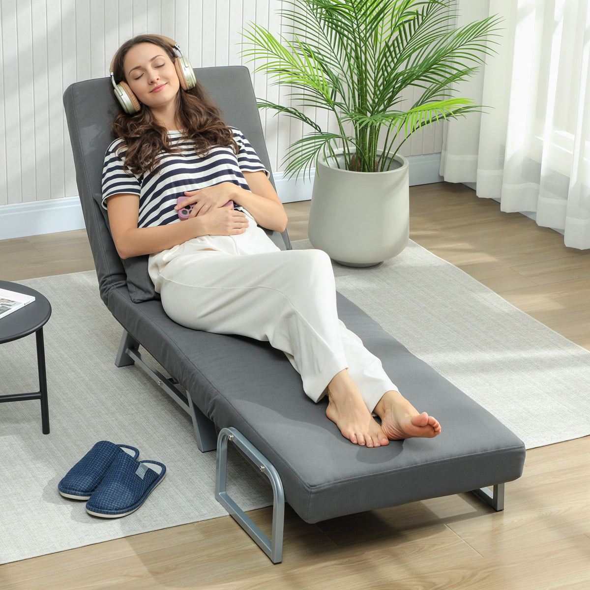 Fauteuil Convertible 1 Place, Fauteuil-Lit Pliable Rembourré en Lin avec Dossier Réglable, Oreiller, Gris Foncé-6