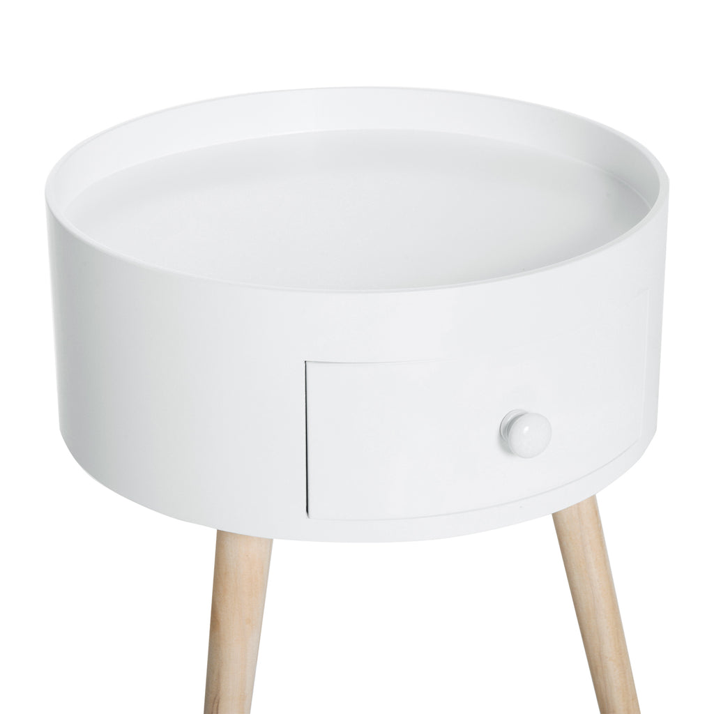 Table basse - table de chevet - table de nuit ronde - design scandinave table d'appoint bout de canapé avec tiroir pieds effilés inclinés bois massif chêne clair blanc-8