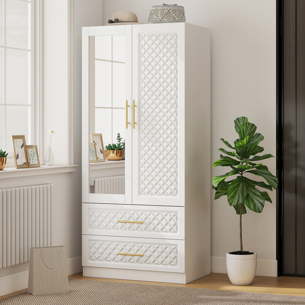 Armoire chambre penderie avec miroir, 2 tiroirs, 2 portes et barre de suspension, 80 x 50 x 180 cm, blanc-1