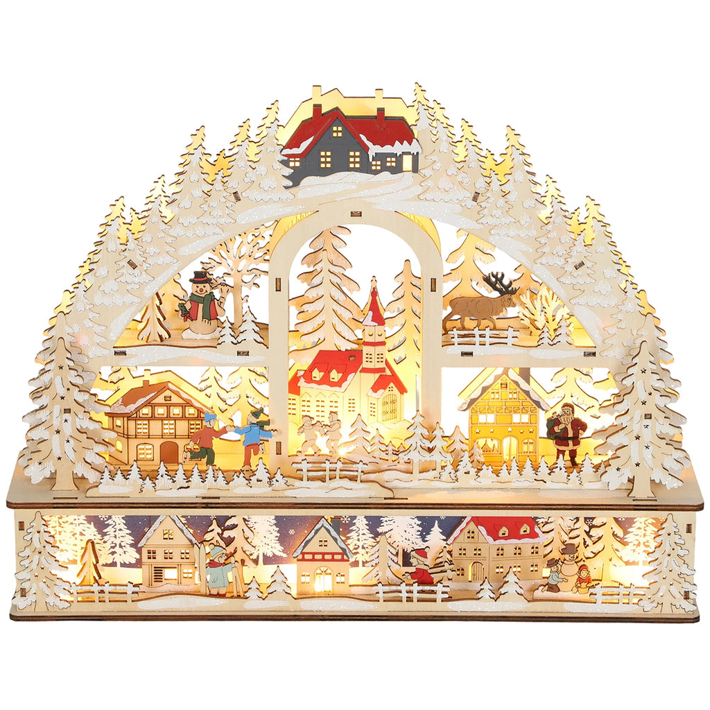 Villaggio di Natale ad arco in legno con 20 LED, 45 × 10 × 35 cm