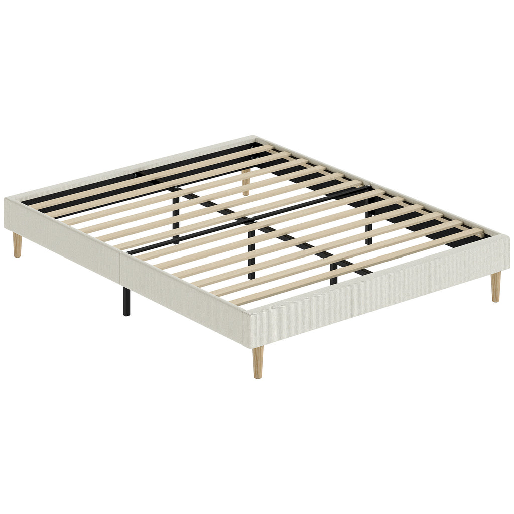 Cadre de Lit 160 x 200 cm avec Sommier, Lit Double Rembourré en Velours Côtelé, Espace de Rangement Au-Dessous, Crème-0