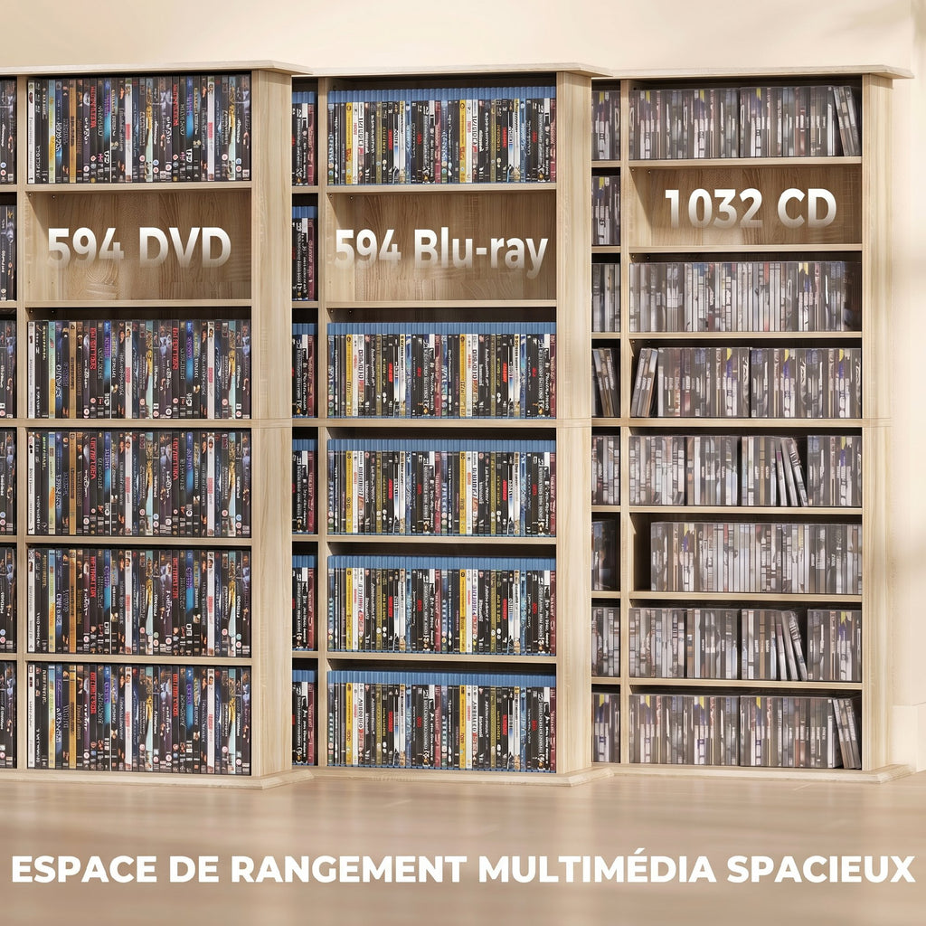 Meuble de rangement 1032 CDs / 594 DVDs, étagère multimédia, 24 compartiments et 18 étagères ajustables, chêne-3