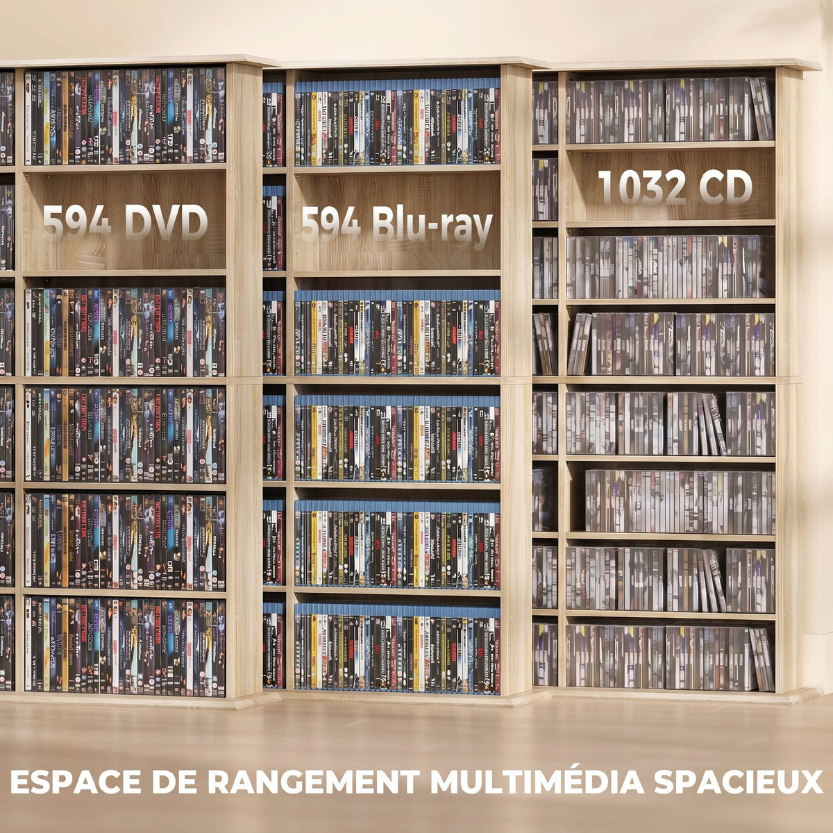 Meuble de rangement 1032 CDs / 594 DVDs, étagère multimédia, 24 compartiments et 18 étagères ajustables, chêne-3