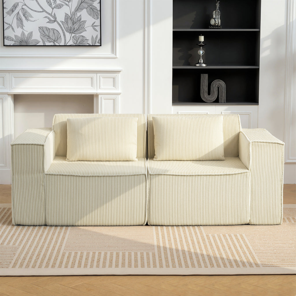 Canapé 3 places en velours côtelé, canapé rembourré, larges accoudoirs, 2 coussins, pas de montage, 202x90x76cm, beige-7