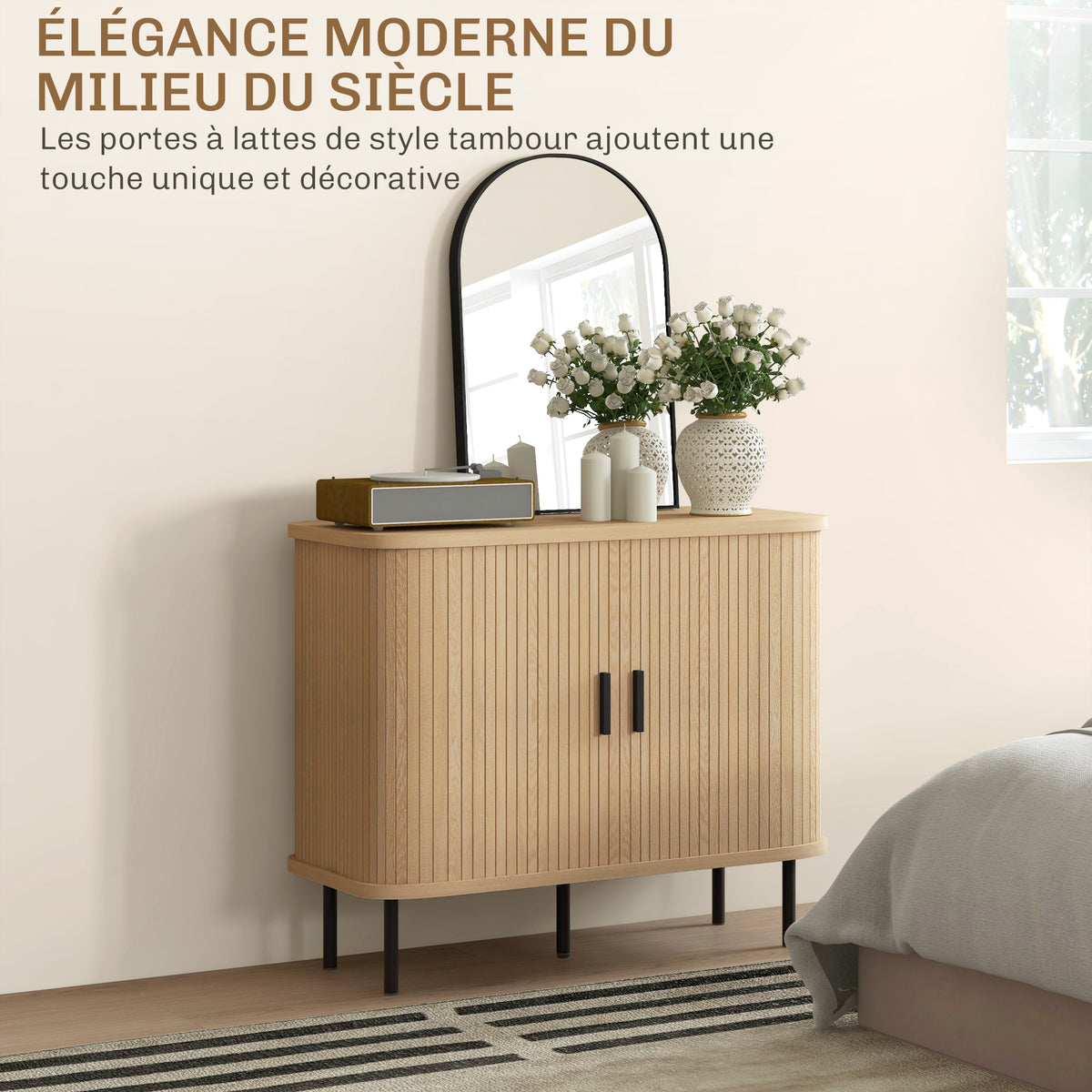 Buffet meuble de rangement avec portes coulissantes à lattes, armoire de cuisine avec pieds en acier, ton chêne-3