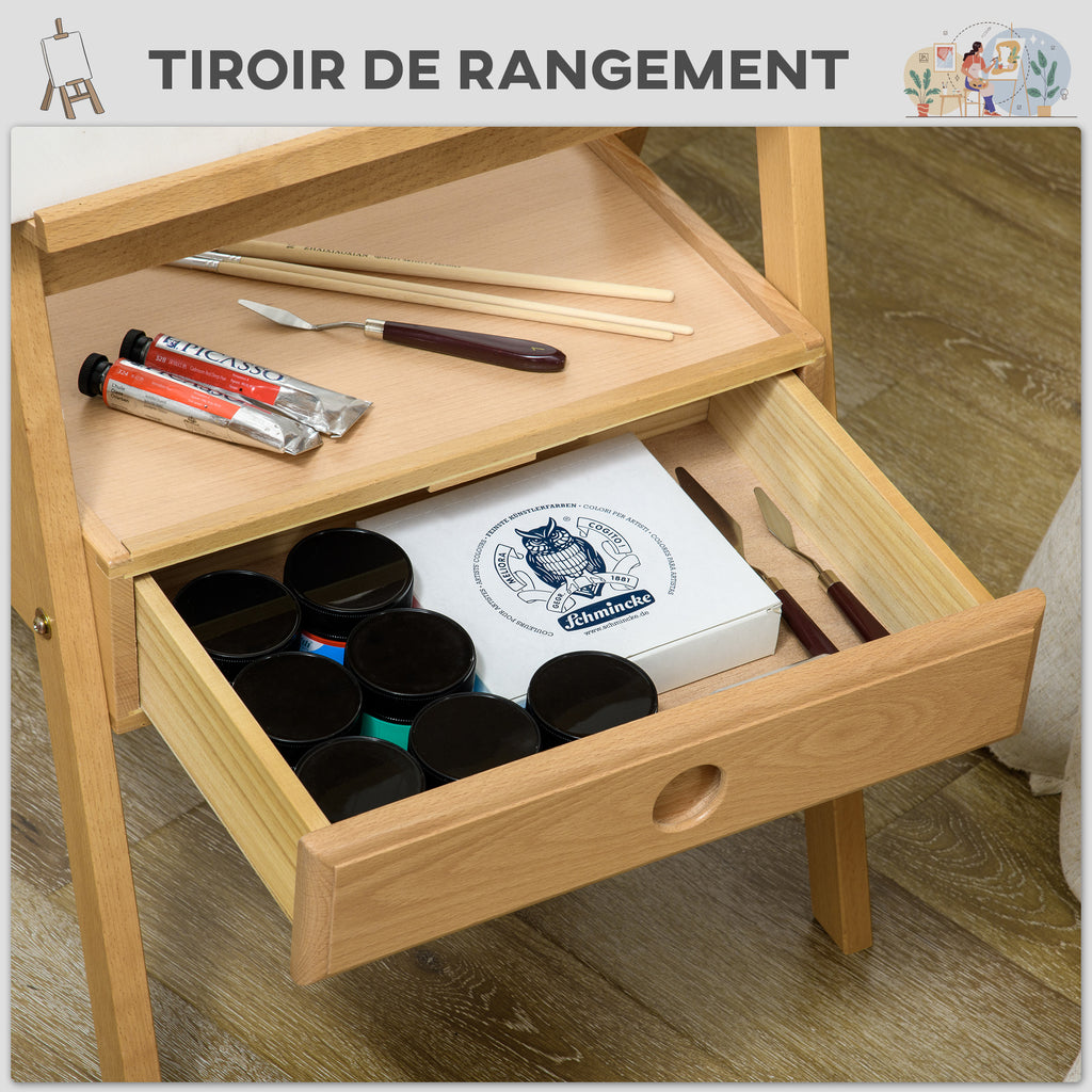 Chevalet en bois sur pied chevalet d'artiste avec tiroir intégré hauteur réglable jusqu'à 92 cm coloris naturel-5
