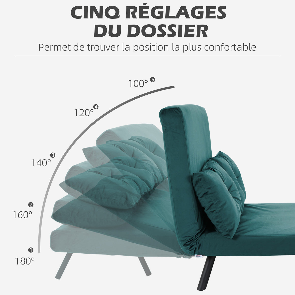 Canapé convertible 2 places avec dossier réglable à 5 niveaux et 2 coussins rembourrés, revêtement velours, vert canard-4