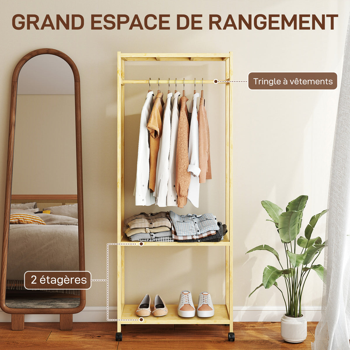Portant à vêtements à roulettes, porte-manteau en bambou avec 2 étagères et tringle suspendue, 70x35x175cm, bois naturel-3