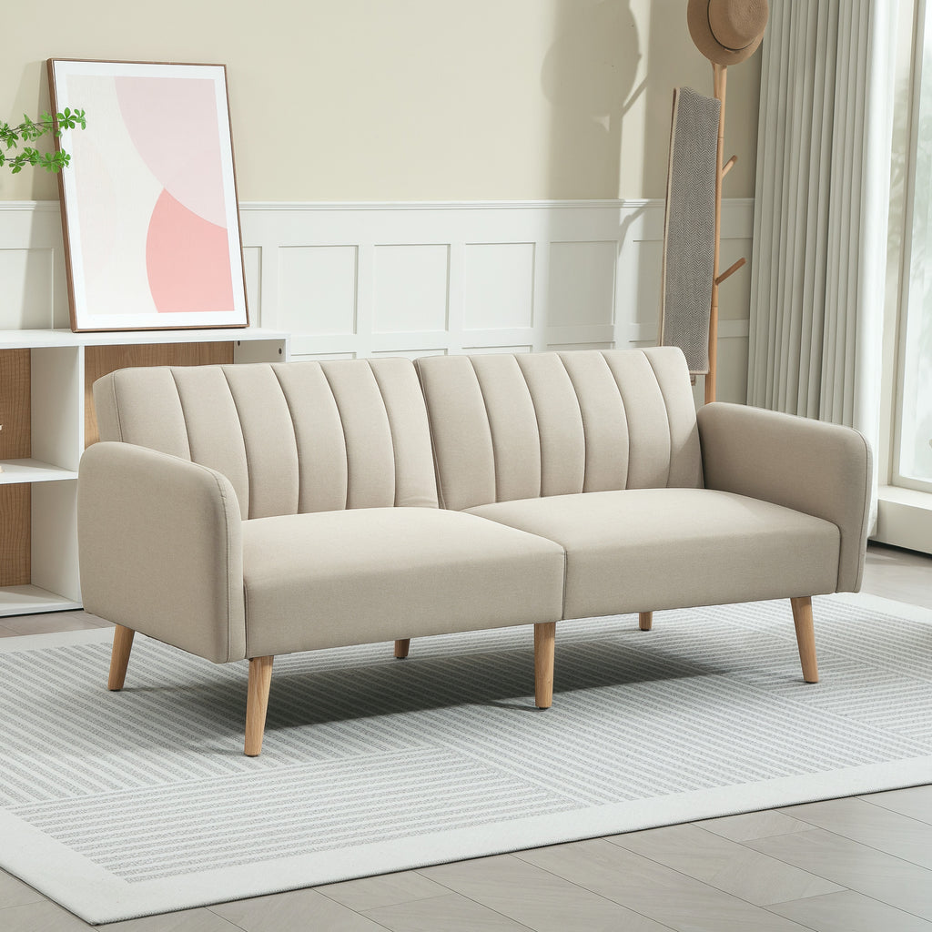 Canapé Convertible 2 Places Design scandinave Dossier inclinable 3 Positions Pieds Bois Tissu Aspect Lin Beige-9