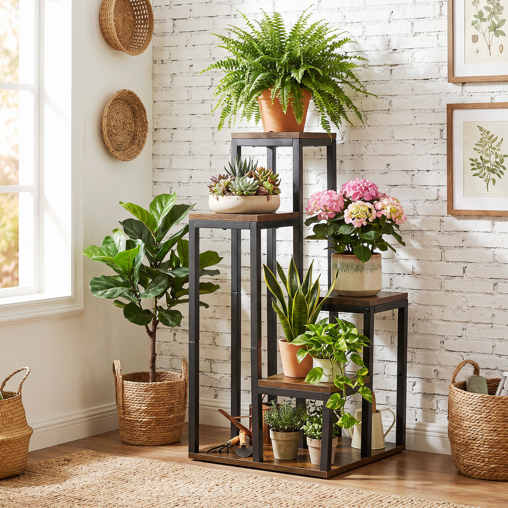 Support pour plantes étagère à fleurs 4 étagères différentes hauteurs structure acier 40 x 40 x 81 cm noir-7