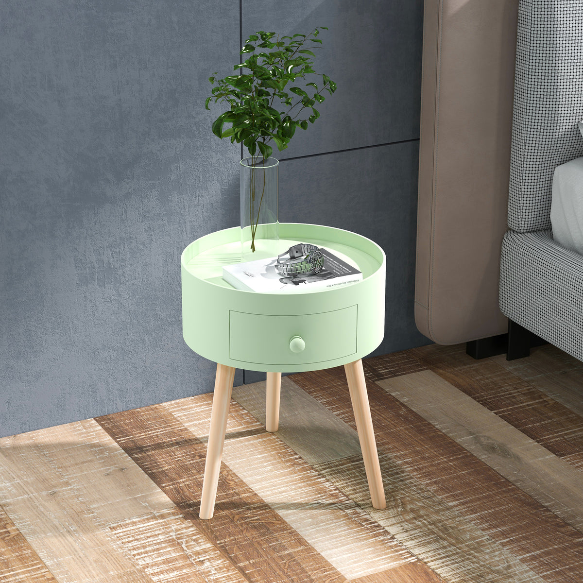 Table basse table de chevet table de nuit ronde design scandinave bout de canapé avec tiroir pieds effilés inclinés-1