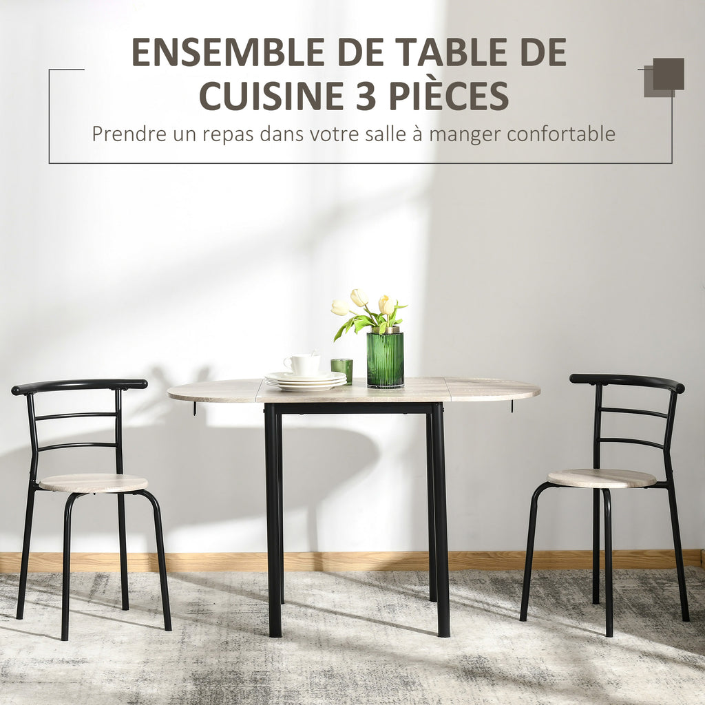 Ensemble table ovale extensible et 2 chaises - table à rabats - métal et MDF - noir et naturel-3