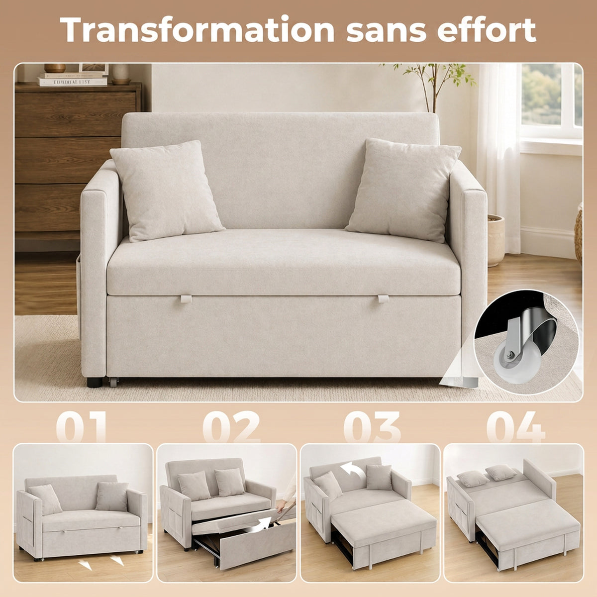 Canapé Convertible 2 Places 3 en 1, Canapé-Lit Clic Clac en Velours Hollandais, Dossier Réglable, 2 Oreillers, Beige-3