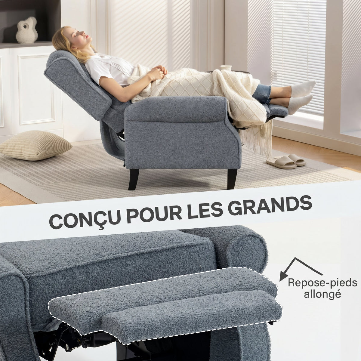 Fauteuil relax inclinable en polaire Teddy, fauteuil de relaxation avec repose-pieds extensible, assise rembourrée, gris-6