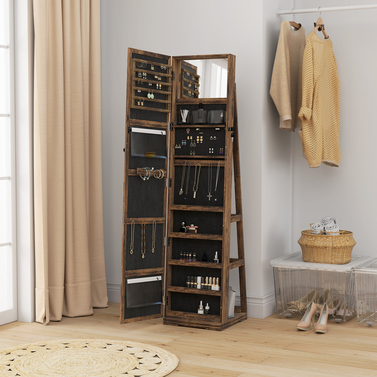 Armoire à Bijoux pivotante verrouillable boîte à bijoux avec Miroir - Armoire Bijoux Multi-Rangement - Brun Rustique-9