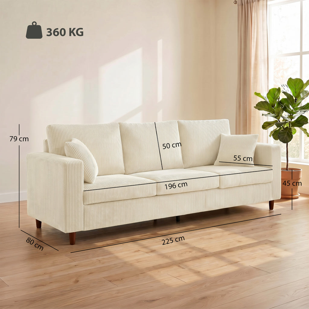 Canapé 3 Places en Velours Côtelé, Canapé de Salon Moderne 225 cm, Assise Large, Coussin à Ressorts, Crème-2