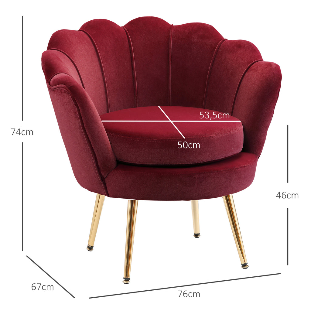 Fauteuil salon fauteuil en velours fauteuil coquillage avec pieds en métal doré pour chambre à coucher, rouge-2