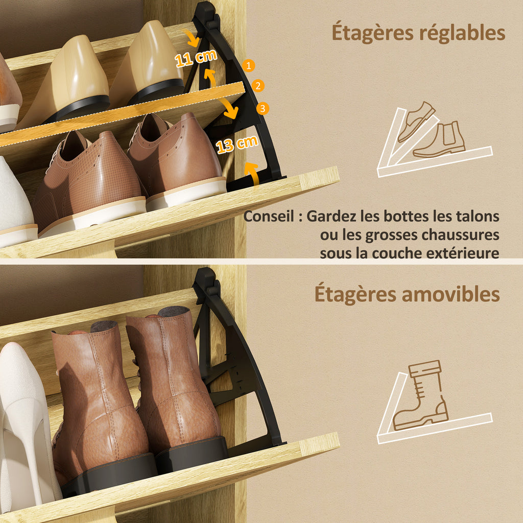 Meuble à chaussures 18 paires, armoire à chaussures étroite avec 3 tiroirs rabattables, étagères réglables, chêne-5