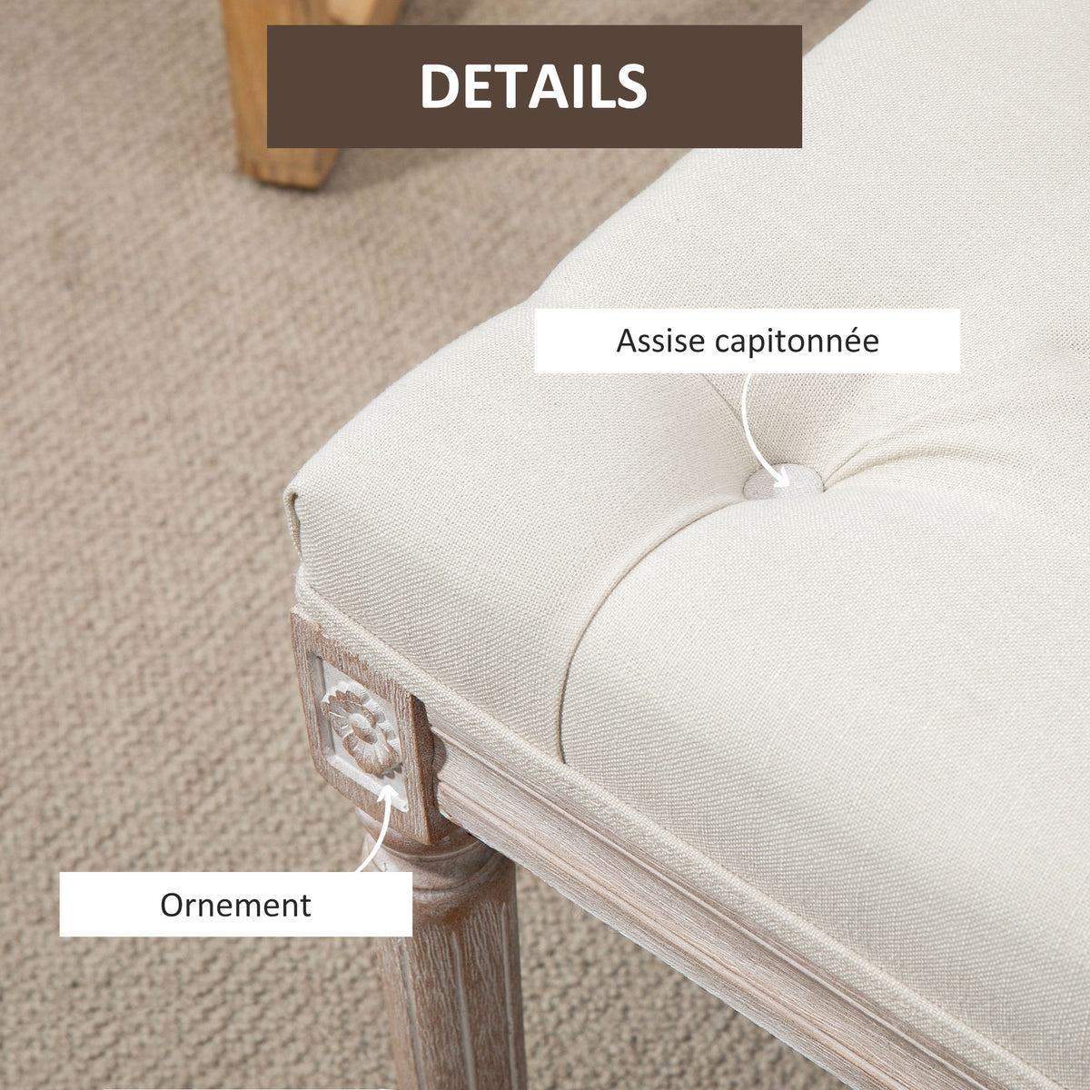 Banc Banquette classique capitonné 80cm bout de lit Rembourrée en lin - bois d'hévéa sculpté, patiné - Crème-3