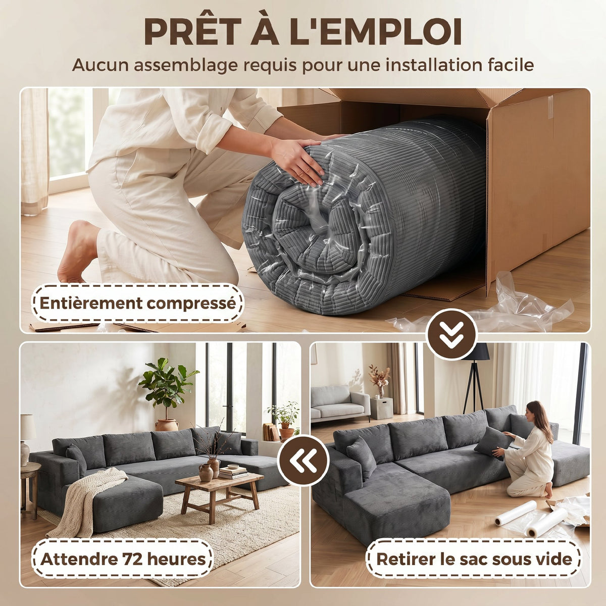 Canapé Modulaire en U 4 Places, 2 Méridiennes, Canapé 2 Places, 6 Coussins, Sans Montage, 369 x 152 x 78 cm, Gris-6