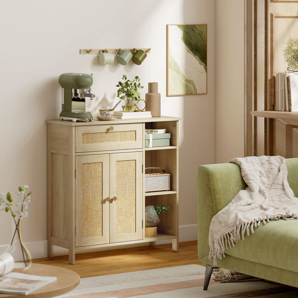Buffet, meuble de rangement, 2 portes en rotin, tiroir, niches ouvertes, étagères réglables, 75x30x79,5cm, bois naturel-1