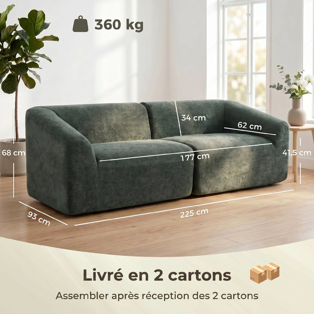 Canapé 3 places en chenille 225 cm, canapé salon rembourré moderne avec assise large, coussin à ressorts, vert foncé-2