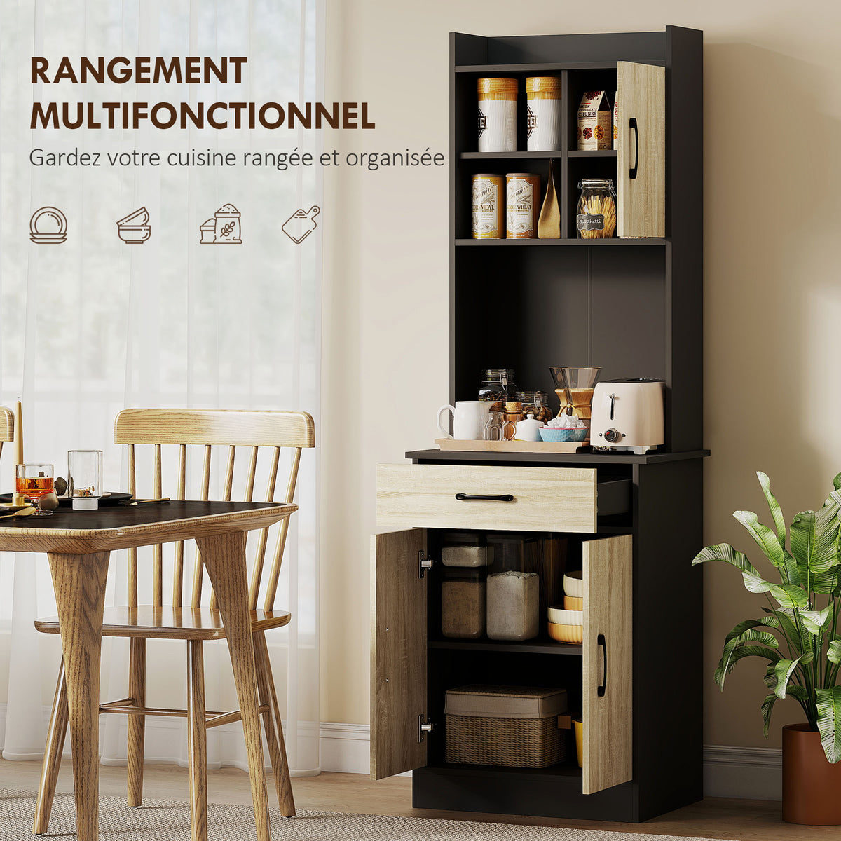 Buffet haut cuisine, armoire de cuisine, tiroir, 3 portes, étagères ouvertes, plan de travail, 60x40x180cm, bois naturel-3