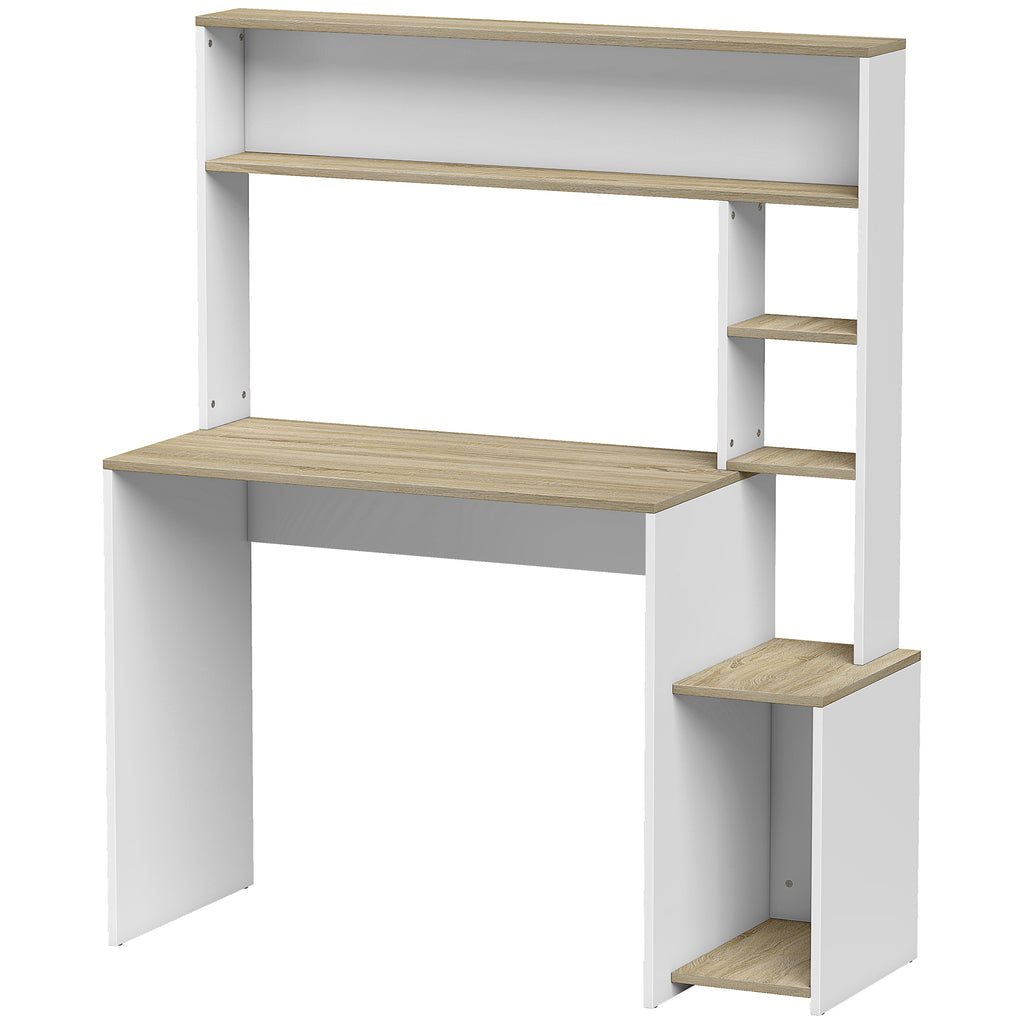 Bureau Informatique, 114 x 45 x 138 cm, Bureau avec Rangement, Étagères Ouvertes et Support UC, Blanc et Bois Naturel-0