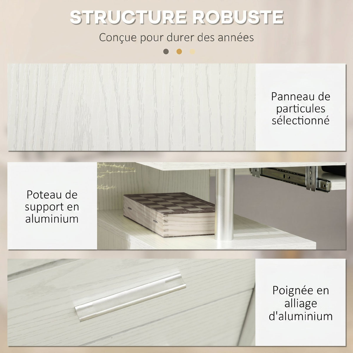 Bureau d'ordinateur, bureau informatique 120 x 55 cm avec plateau pour clavier, 3 tiroirs, pour chambre, domicile, blanc-4