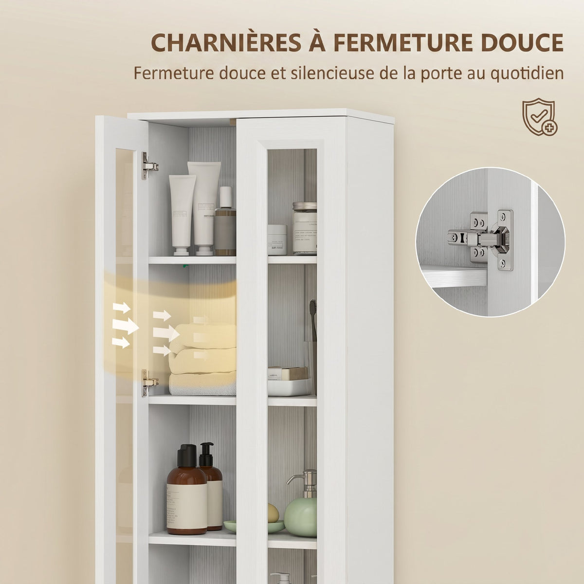Meuble de Salle de Bain 6 niveaux, Meuble de Rangement avec 4 Portes à Fermeture Douce et Étagères Réglables, Blanc-5