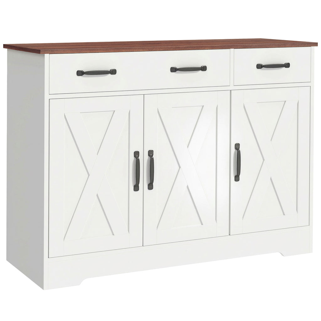 Buffet cuisine, meuble de rangement avec 3 portes de grange, 2 tiroirs et étagères réglables, 108 x 40 x 81 cm, blanc-0